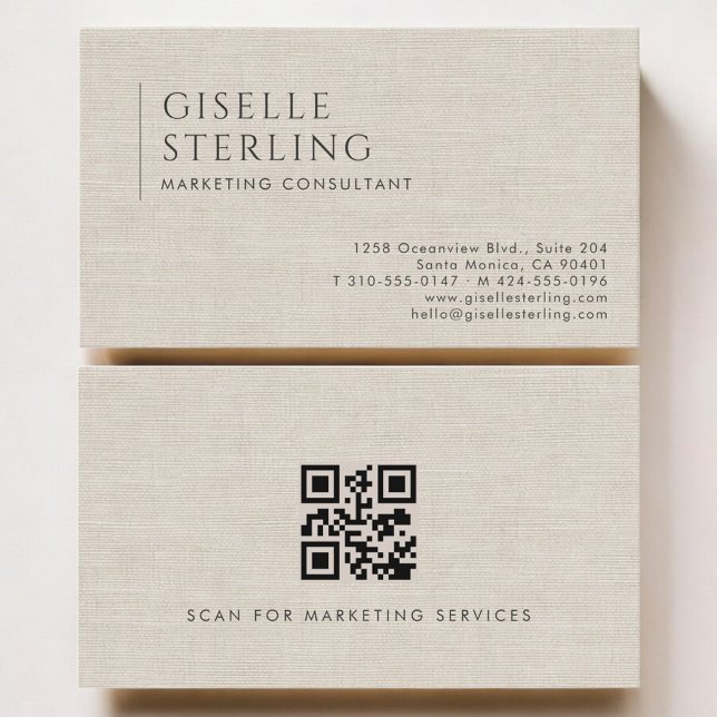 Tarjeta De Visita Marketing Consultant Luxury Neutral Linen QR Code (Subido por el creador)