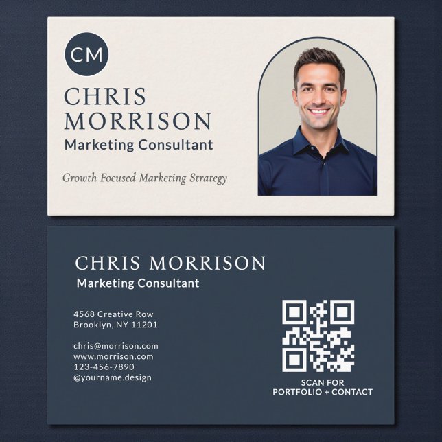 Tarjeta De Visita Marketing Consultant Photo QR Code Navy Blue (Subido por el creador)