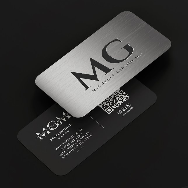 Tarjeta De Visita Marketing Metálico Plata Monograma Elegante Modern (Marketing Metallic Silver Monogram Elegant Modern Business Card
)