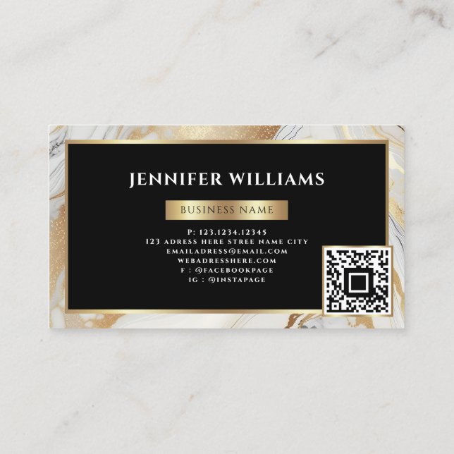Tarjeta De Visita Mármol Blanco Dorado Código QR Elegante Moderno (Reverso)