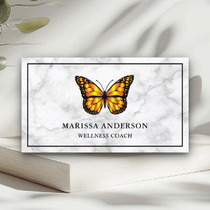 Tarjeta De Visita Mármol Blanco Elegante Mariposa Monarca Naranja