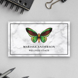 Tarjeta De Visita Mármol Blanco Elegante Mariposa Verde