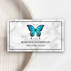 Tarjeta De Visita Mármol Blanco Mariposa Azul Elegante