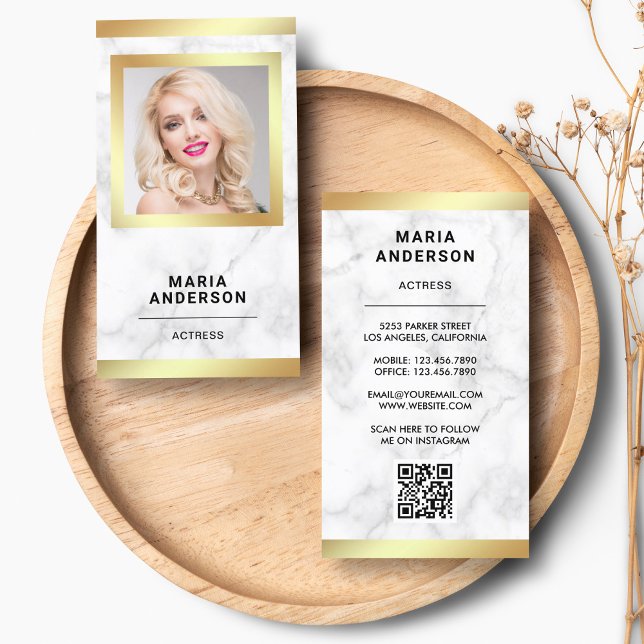 Tarjeta De Visita Mármol Blanco Modelo Actriz Código QR Foto Dorado (Subido por el creador)