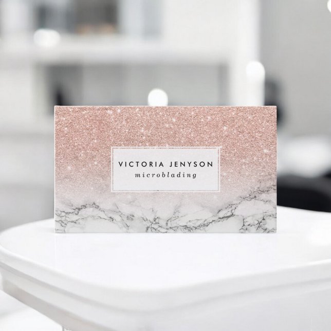 Tarjeta De Visita Mármol blanco rosa purpurina rosa de imitación (Microblading faux rose pink glitter white marble business card)
