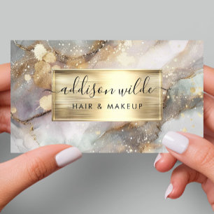 Tarjeta De Visita Mármol de Acuarela Gris y Dorado Elegante