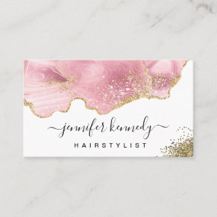 Tarjeta De Visita Mármol de Ágata Rosa con Brillo Dorado Chic Modern