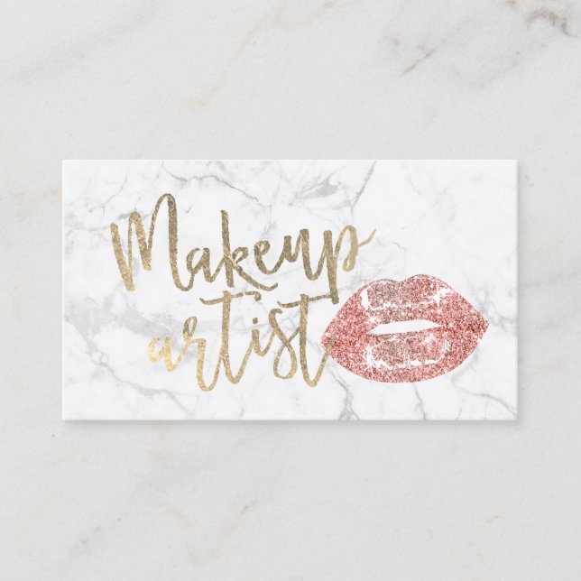 Tarjeta De Visita Mármol de artista de maquillaje con guiones dorado (Anverso)