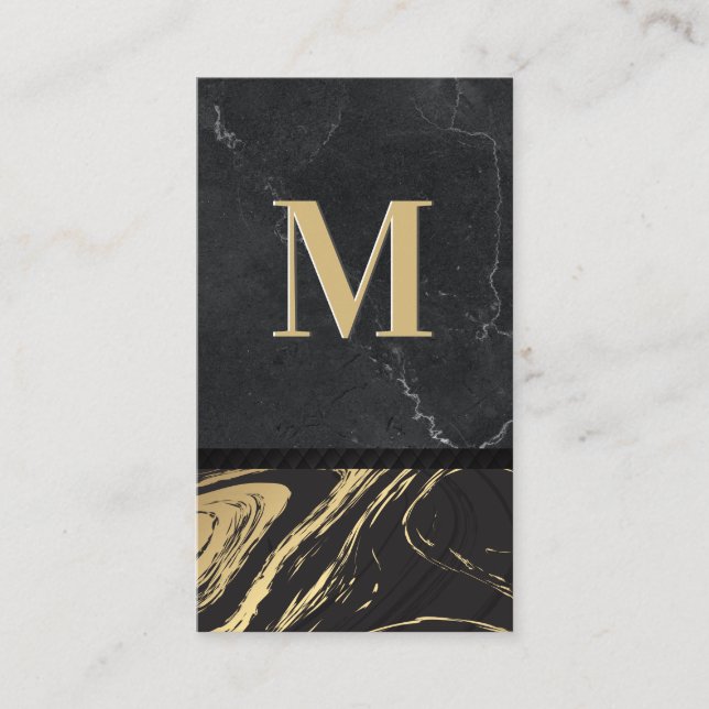 Tarjeta De Visita Mármol de oro negro | Monograma grabado | Gris piz (Anverso)