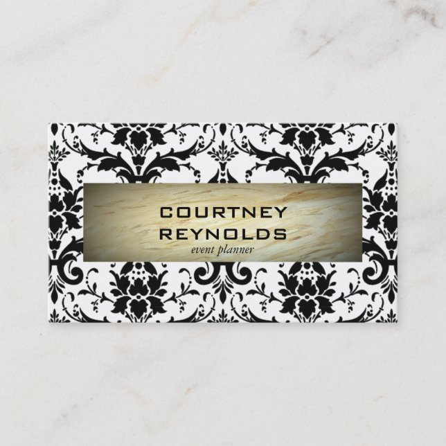 Tarjeta De Visita Mármol del patrón de damasco blanco y negro retro (Anverso)