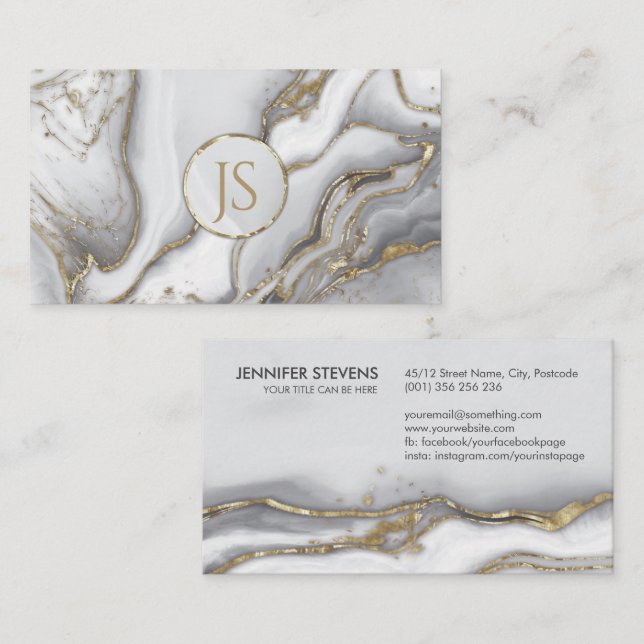 Tarjeta De Visita Mármol líquido gris - monograma de peras y oro (Anverso / Reverso)