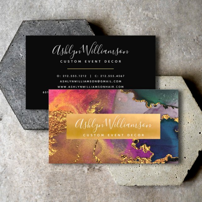 Tarjeta De Visita Mármol moderno acuarela dorado guión azul púrpura (Subido por el creador)