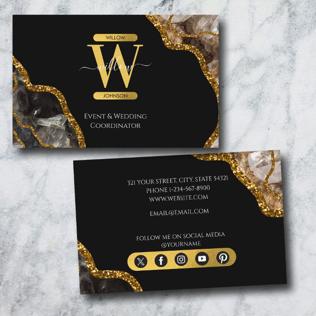 Tarjeta De Visita Mármol monograma del Purpurina de Geode de la Agit (Black & Gold Agate Geode Glitter Monogram Marble Business Card)