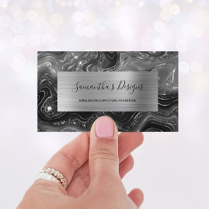 Tarjeta De Visita Mármol Negro de Lujo Agata Glam Hoja de Plata