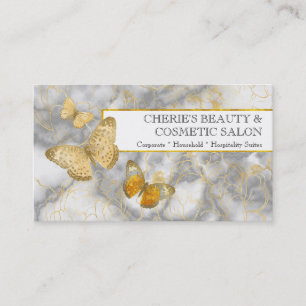 Tarjeta De Visita Mármol oro blanco mariposa floral maquillaje