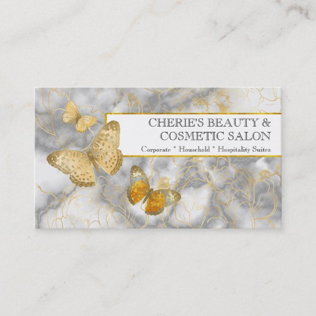 Tarjeta De Visita Mármol oro blanco mariposa floral maquillaje (Anverso)