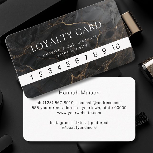 Tarjeta De Visita Mármol, oro negro, lealtad al salón (Marble, Black-Gold, Salon Loyalty Business Card)