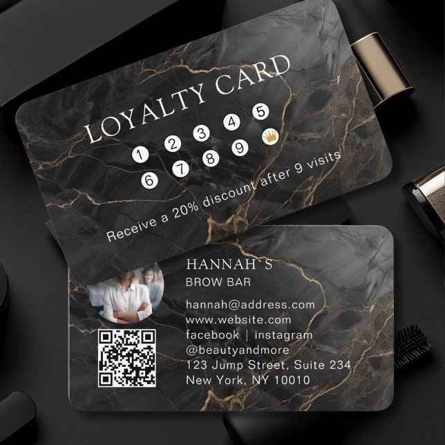 Tarjeta De Visita Mármol, oro negro, salón, foto, fidelidad al códig (Marble, Black-Gold, Salon, Photo, QR Code Loyalty Business Card)