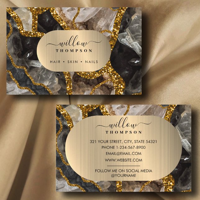 Tarjeta De Visita Mármol Purpurina de Geode de Black & Gold Agate (Black & Gold Agate Geode Glitter Marble Business Card)