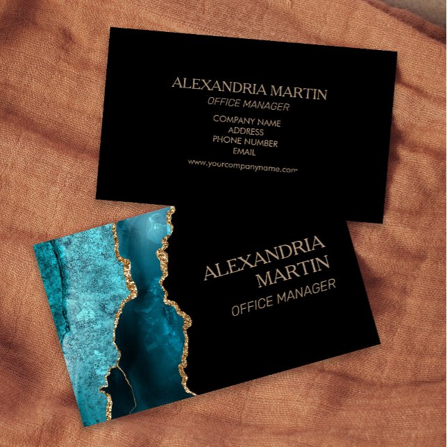 Tarjeta De Visita Mármol Verde azulado moderno de oro negro Purpurin (Teal, black, and gold marble business card )