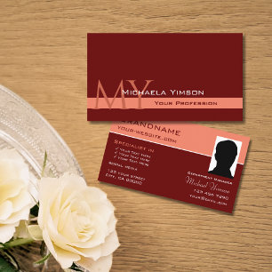 Tarjeta De Visita Maroon y Coral Moderno con Monograma y Foto