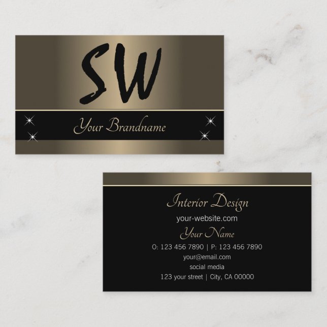 Tarjeta De Visita Marrón dorado y negro con monograma profesional (Anverso / Reverso)