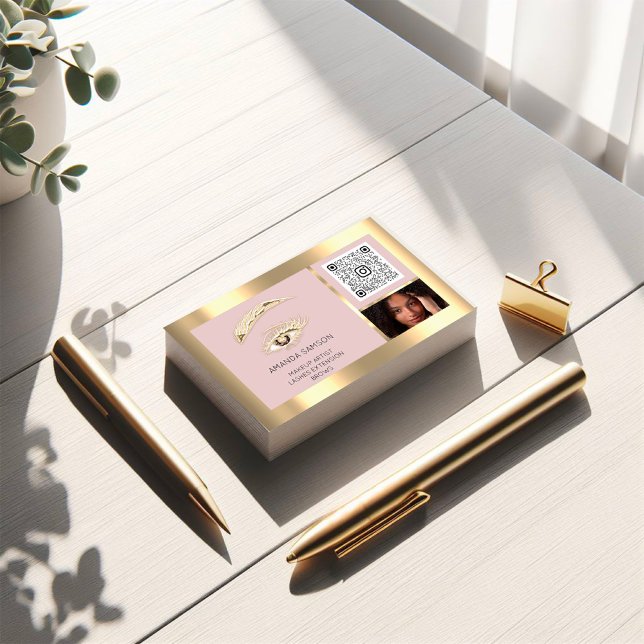 Tarjeta De Visita Marrón Eyelash Frow Makeup Logo Qr Código Rosa Fot (Brown Eyelash Brow Makeup Logo Qr Code Rose Foto Business Card)