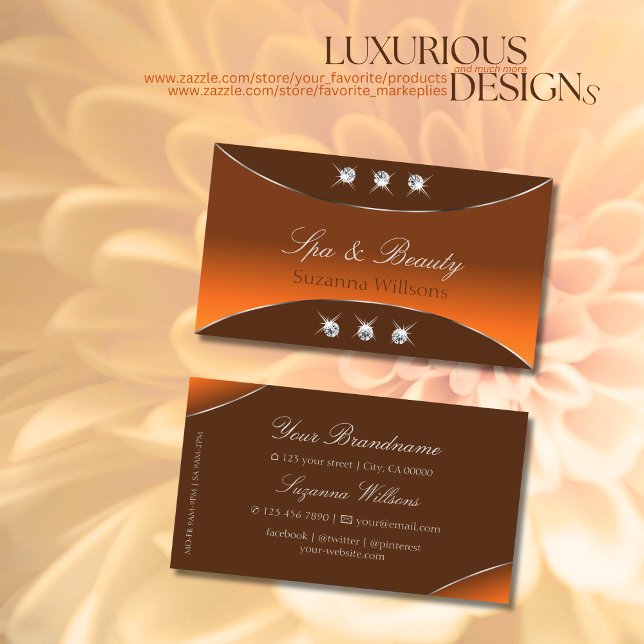 Tarjeta De Visita Marrón naranja con joyas de decoración plateada (Subido por el creador)