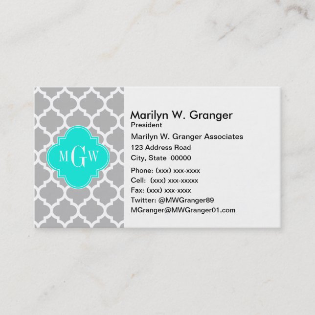 Tarjeta De Visita Marroquí blanco gris #5 Brt Aqua 3 Monograma inici (Anverso)