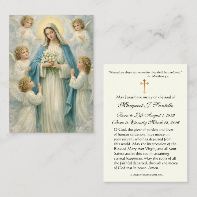 Tarjeta De Visita Mary Angels Catholic Funeral Memorial Holy Card - (Anverso / Reverso)
