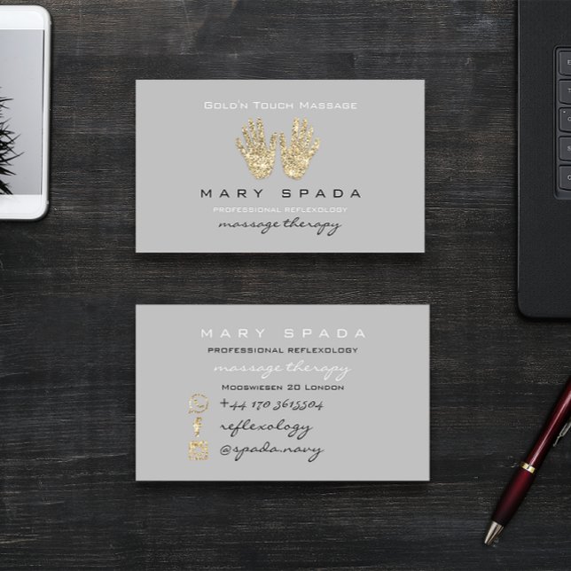 Tarjeta De Visita Masaje Reflexología Purpurina Manos Reiki Gray Gol (Massage Reflexology Glitter Hands Reiki Gray Gold Business Card)
