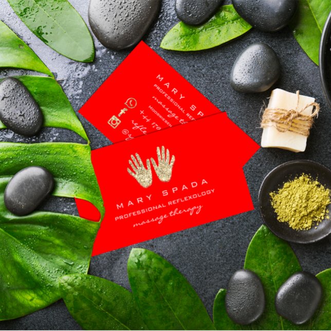 Tarjeta De Visita Masaje Reflexología Purpurina Manos Reiki Oro Rojo (Massage Reflexology Glitter Hands Reiki Red Gold Business Card)
