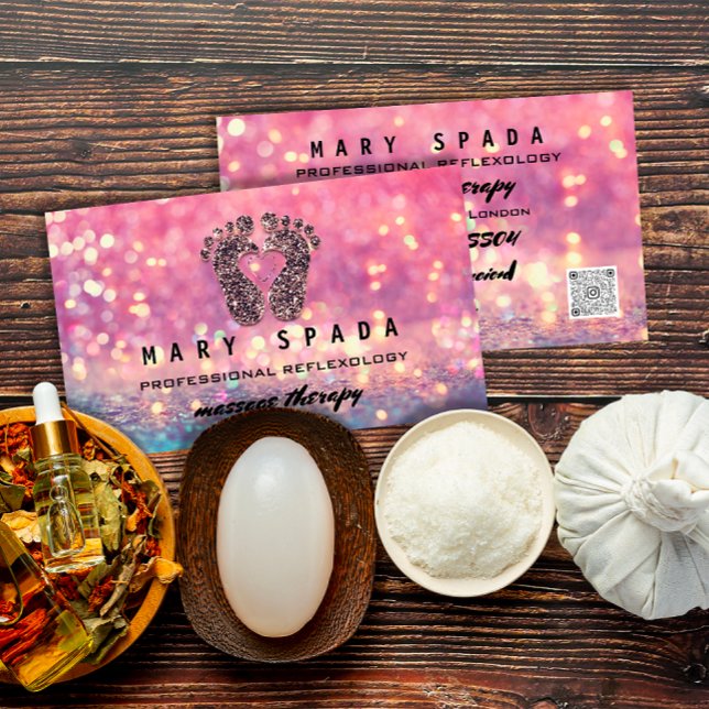 Tarjeta De Visita Masaje Terapia Reflexología Rosa de pies Rosa QRCo (Massage Therapy Reflexology Feet Rose Pink QRCode Business Card)