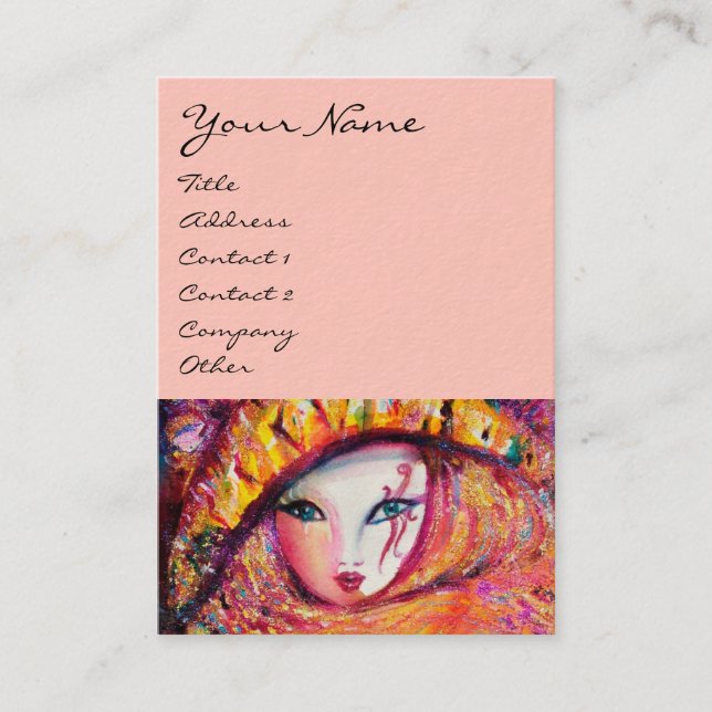 TARJETA DE VISITA MÁSCARA DE CARNAVAL EN AMARILLO CON ROSA ROJA (Anverso)