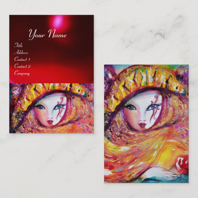 TARJETA DE VISITA MÁSCARA DE CARNAVAL EN AMARILLO CON ROSA ROJA (Anverso / Reverso)