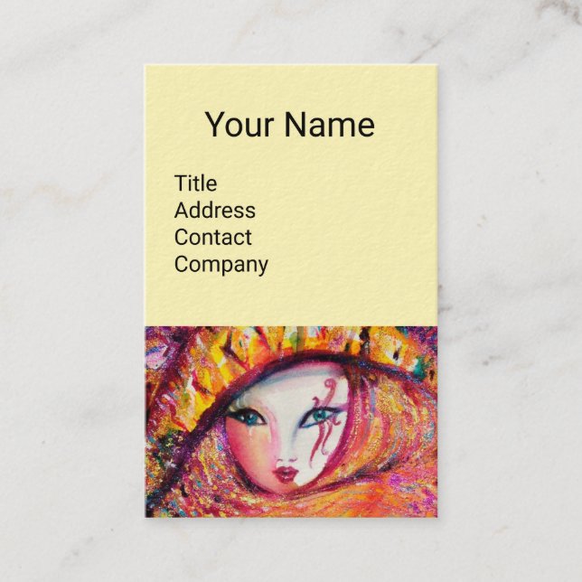 TARJETA DE VISITA MÁSCARA DE CARNAVAL EN AMARILLO CON ROSA ROJA (Anverso)