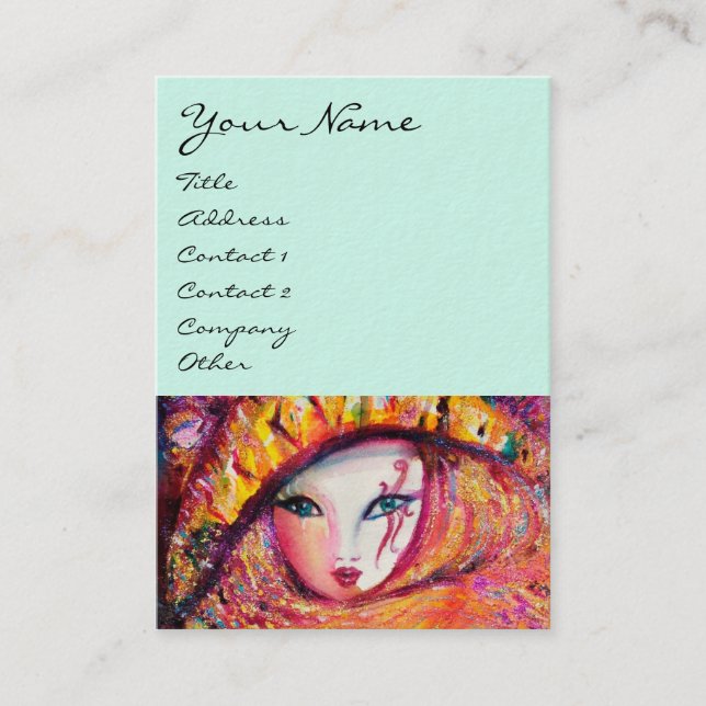 TARJETA DE VISITA MÁSCARA DE CARNAVAL EN AMARILLO CON ROSA ROJA (Anverso)