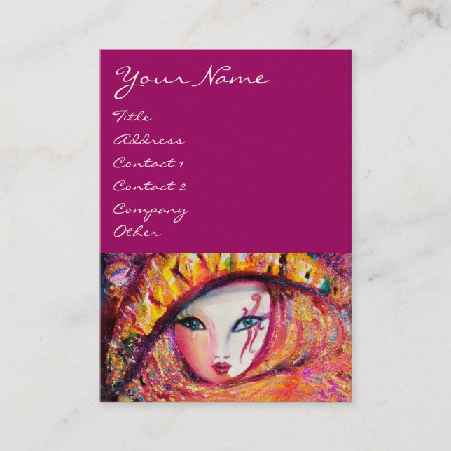 TARJETA DE VISITA MÁSCARA DE CARNAVAL EN AMARILLO CON ROSA ROJA (Anverso)