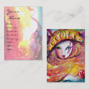 TARJETA DE VISITA MÁSCARA DE CARNAVAL EN AMARILLO CON ROSA ROJA