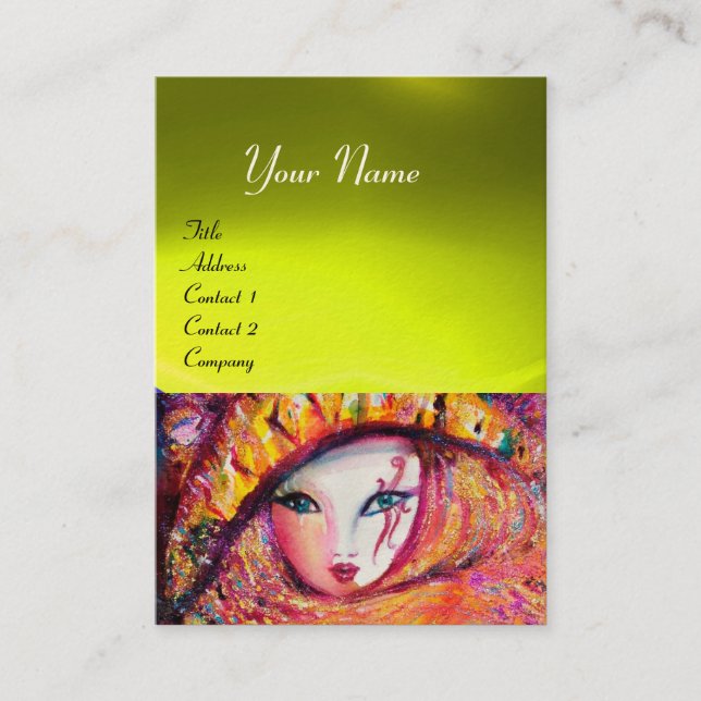 Tarjeta De Visita MÁSCARA DE CARNAVAL EN AMARILLO CON ROSA ROJA, Top (Anverso)