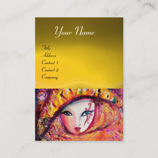 Tarjeta De Visita MÁSCARA DE CARNAVAL EN AMARILLO CON ROSA ROJA, Top (Anverso)