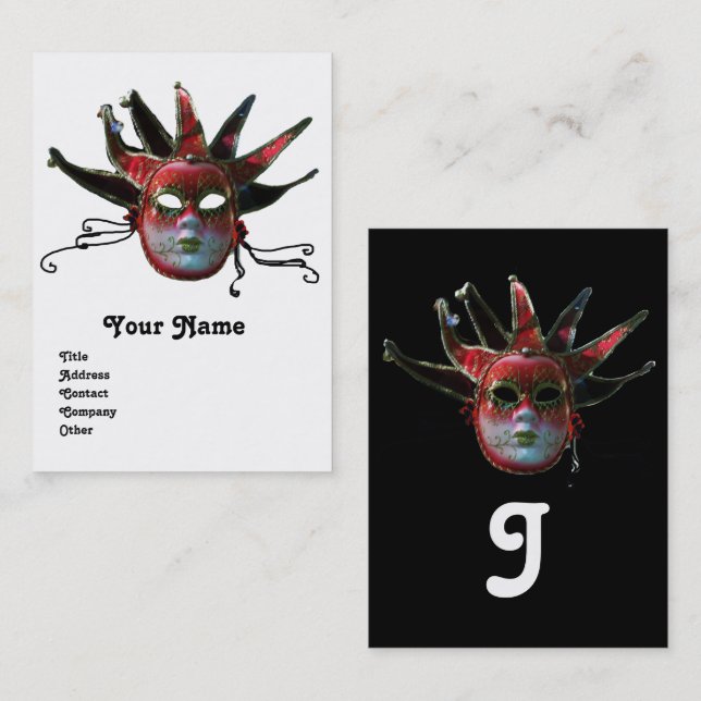 Tarjeta De Visita MÁSCARA DE JESTER ROJO NEGRO, Fiesta de mascarada  (Anverso / Reverso)