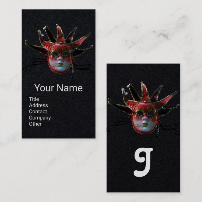Tarjeta De Visita MÁSCARA DE JESTER ROJO NEGRO,Papel negro Fiesta de (Anverso / Reverso)