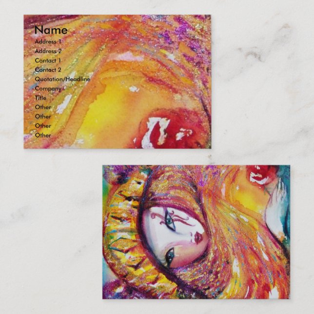 Tarjeta De Visita MÁSCARA EN AMARILLO CON ROSA ROJA Artista de maqui (Anverso / Reverso)