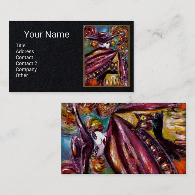 Tarjeta De Visita Máscara Misteriosa Con Búho, Papel Negro Púrpura (Anverso / Reverso)