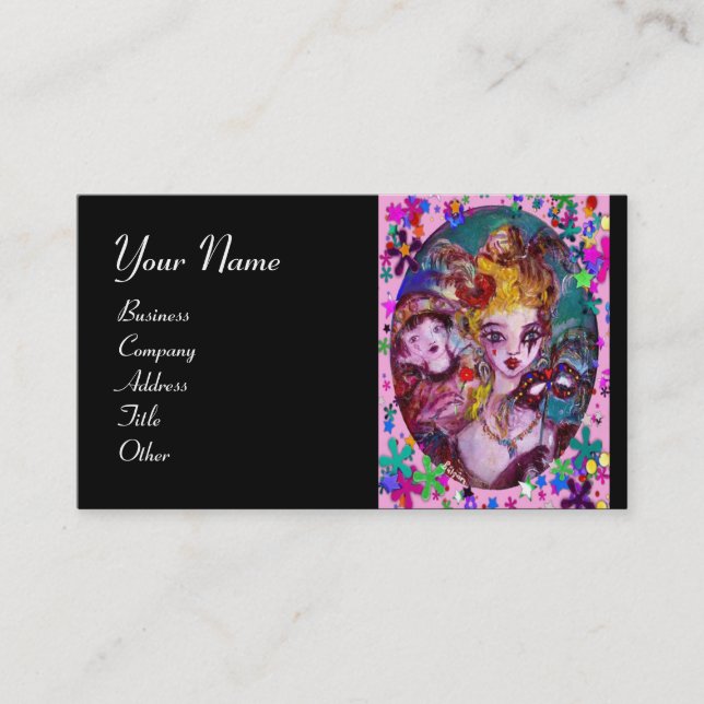 Tarjeta De Visita MÁSCARAS MASQUERADE DE VALENTINE, CONFETTI, negro  (Anverso)