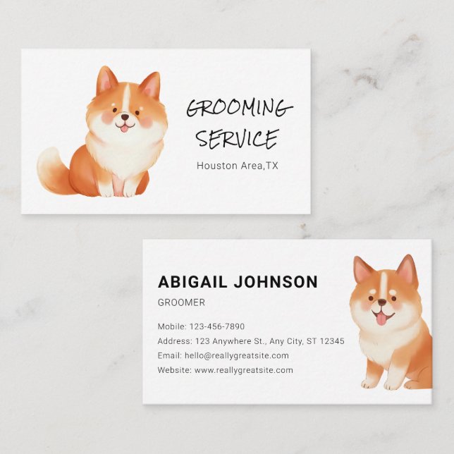 Tarjeta De Visita Mascota acuarela Grooming con corgi (Anverso / Reverso)