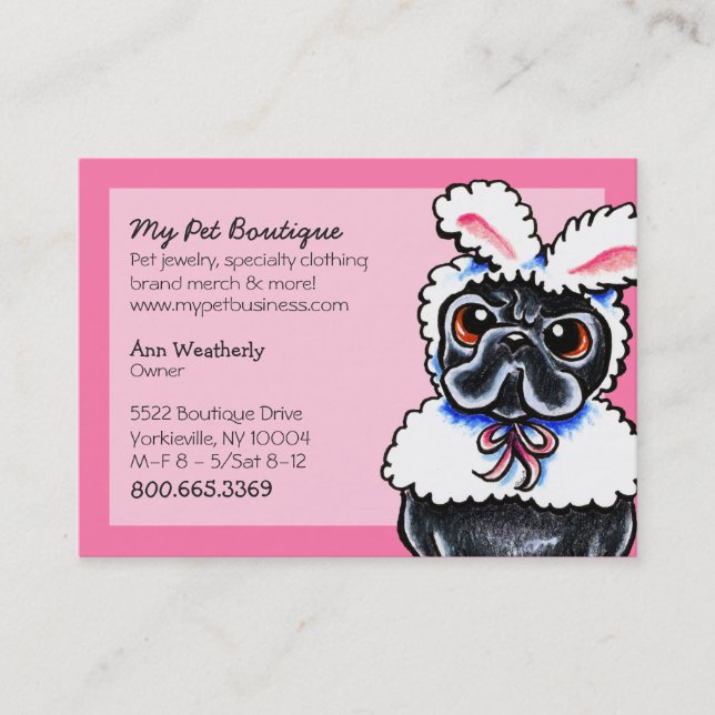 Tarjeta De Visita Mascota Boutique Pink Fun Bunny Pug (Anverso)