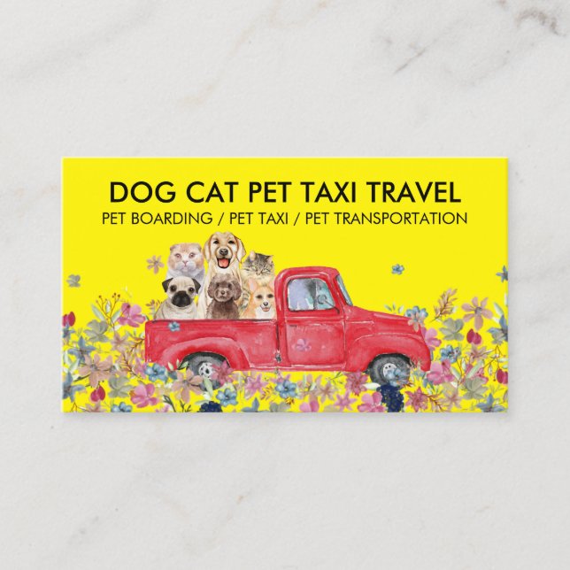 Tarjeta De Visita Mascota de gatos de remolque amarillo con flores d (Anverso)