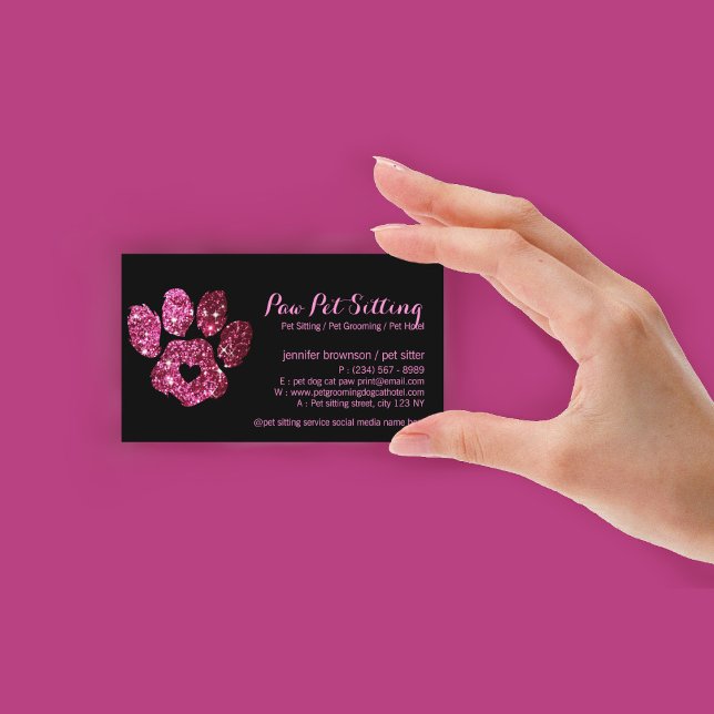 Tarjeta De Visita Mascota de la pata Sitoming Purpurina Grooming Gat (Paw Pet Sitter Grooming Glitter Pink Black Dog Cat Business Card)